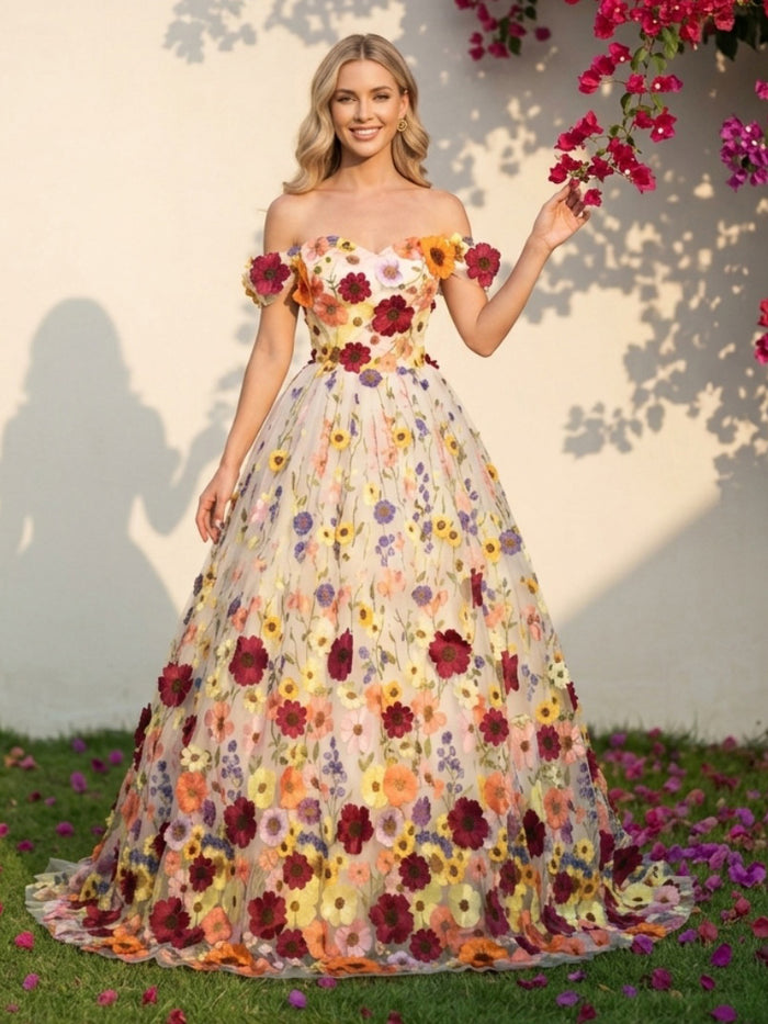 Tulle Ball Gown Off the Shoulder 3D Flowers Formal Dresses