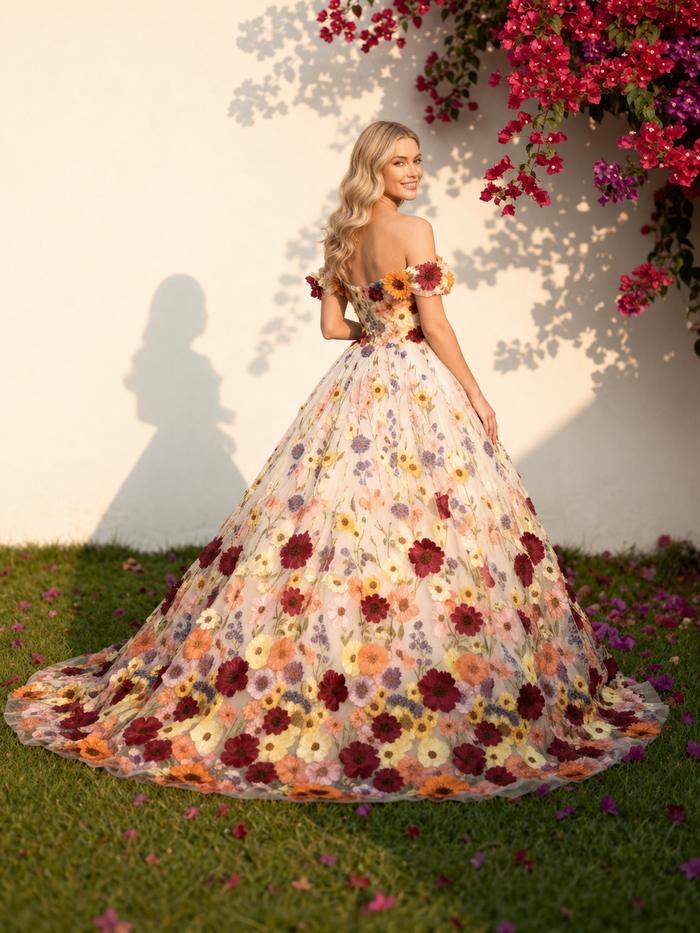 Tulle Ball Gown Off the Shoulder 3D Flowers Formal Dresses