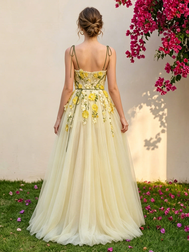 Tulle A-Line Spaghetti Straps 3D Flowers Formal Dresses