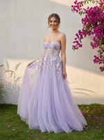 Tulle A-Line Strapless Formal Dresses with 3D Flowers