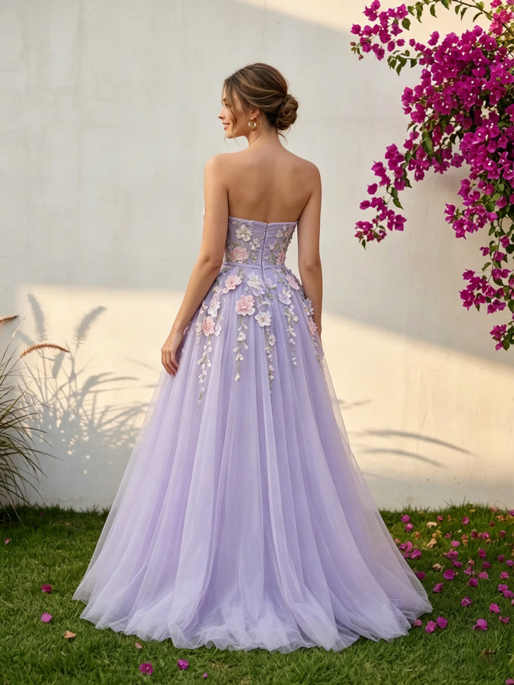 Tulle A-Line Strapless Formal Dresses with 3D Flowers