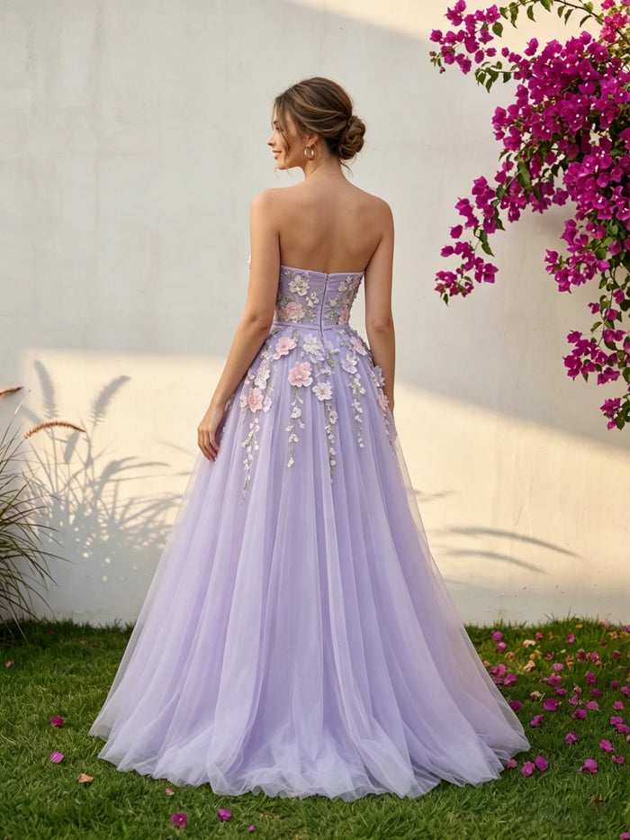 Tulle A-Line Strapless Formal Dresses with 3D Flowers