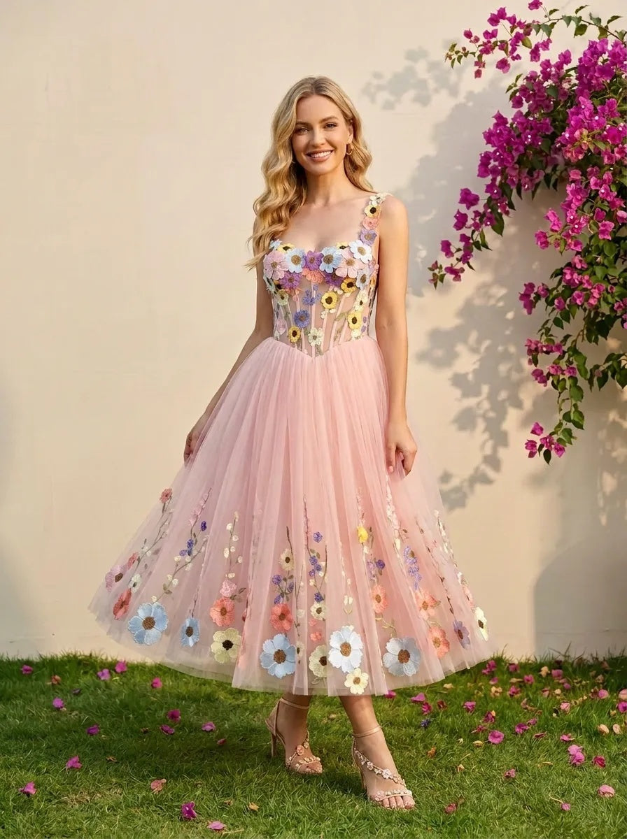 Tulle A-Line Sweetheart Formal Dresses with 3D Flowers