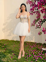 Tulle A-Line Off the Shoulder Formal Dresses with 3D Flowers