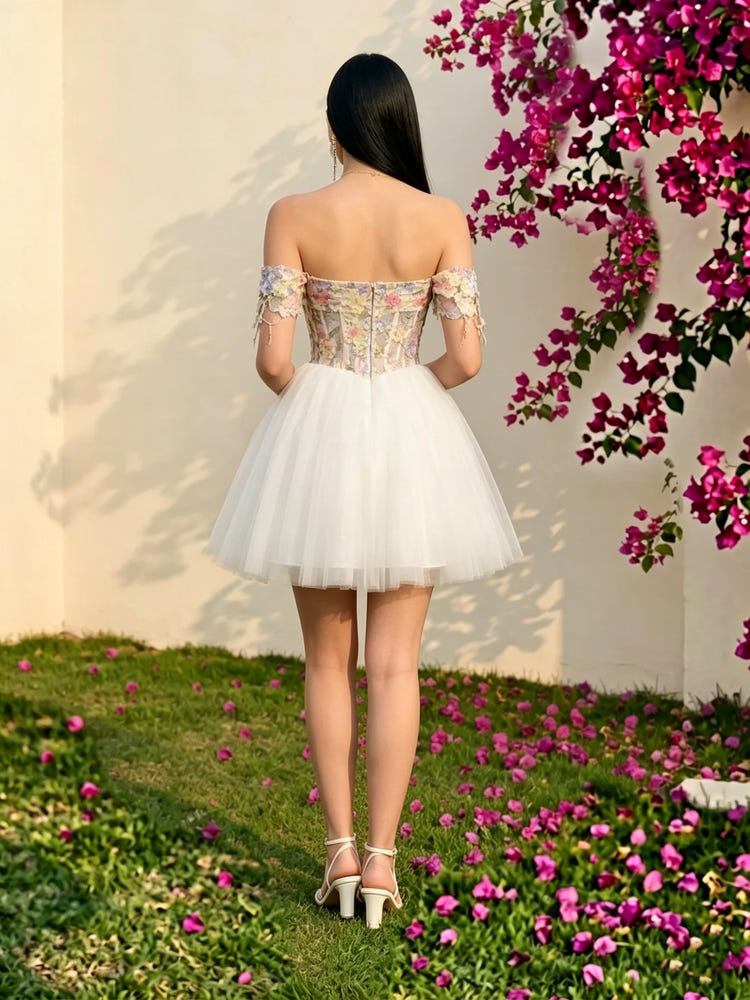 Tulle A-Line Off the Shoulder Formal Dresses with 3D Flowers