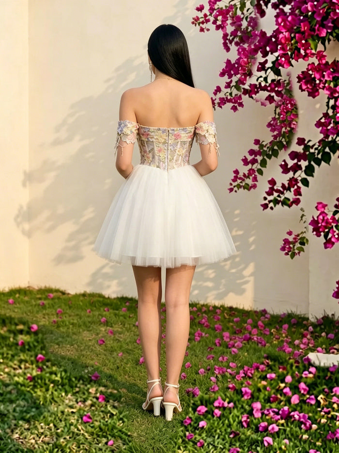 Tulle A-Line Off the Shoulder Formal Dresses with 3D Flowers
