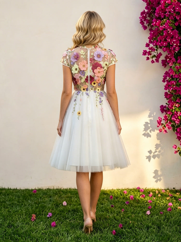Tulle A-Line High Neck Formal Dresses with 3D Flowers