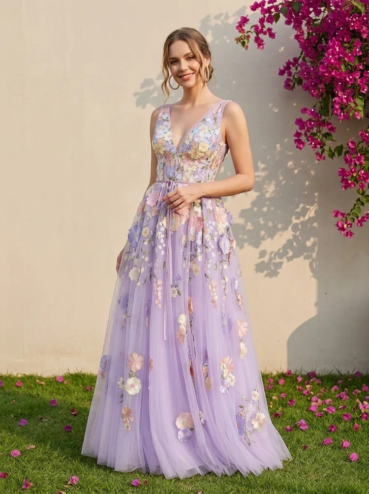 Tulle A-Line V Neck Formal Dresses with 3D Flowers