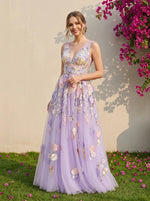 Tulle A-Line V Neck Formal Dresses with 3D Flowers