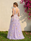 Tulle A-Line V Neck Formal Dresses with 3D Flowers