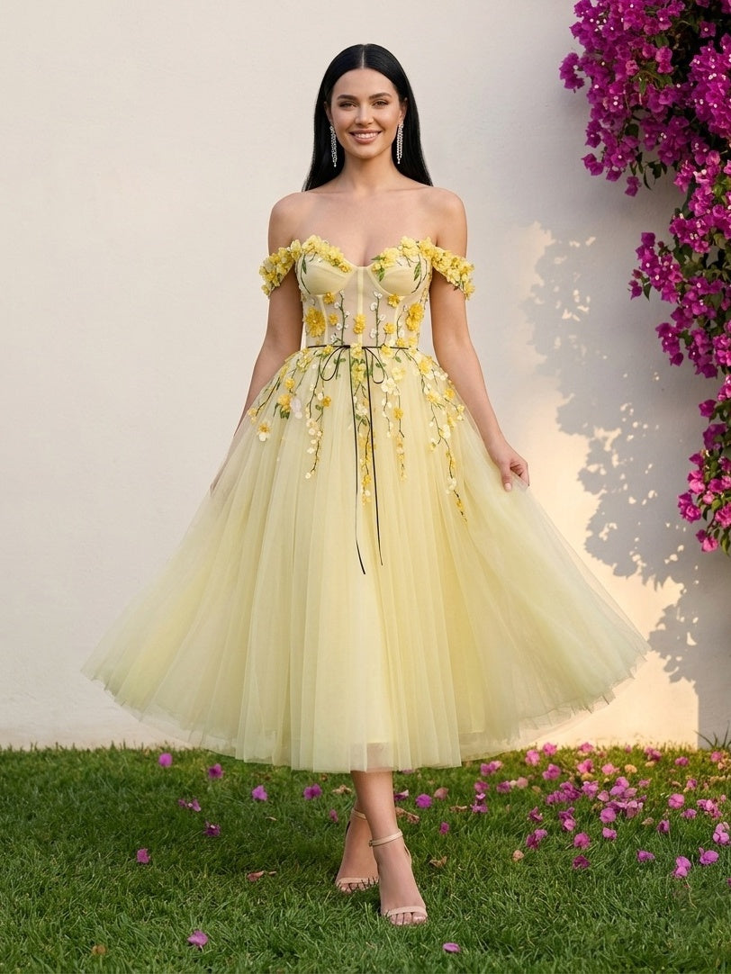 Tulle A-Line Off the Shoulder Formal Dresses with 3D Flowers