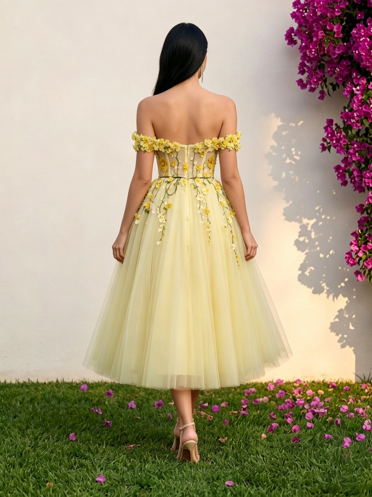 Tulle A-Line Off the Shoulder Formal Dresses with 3D Flowers