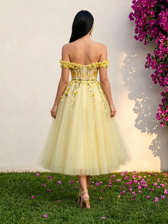 Tulle A-Line Off the Shoulder Formal Dresses with 3D Flowers