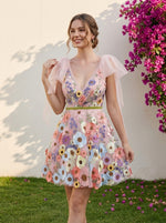 Tulle A-Line V Neck Formal Dresses with 3D Flowers