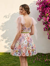 Tulle A-Line V Neck Formal Dresses with 3D Flowers