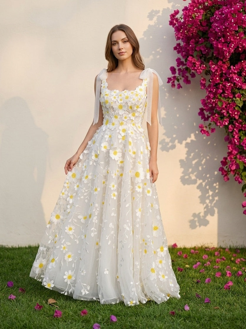 Tulle A-Line Square Neck Formal Dresses with 3D Flowers