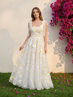 Tulle A-Line Square Neck Formal Dresses with 3D Flowers