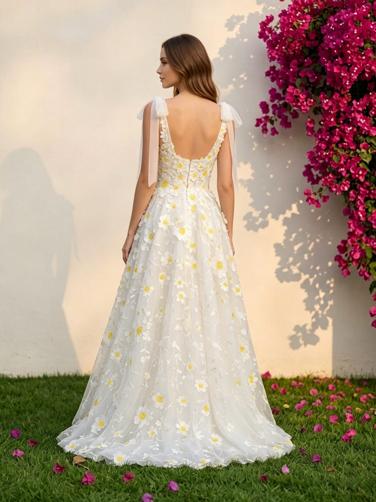Tulle A-Line Square Neck Formal Dresses with 3D Flowers