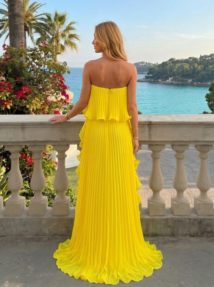 Chiffon A-Line Strapless Pleated Formal Dresses