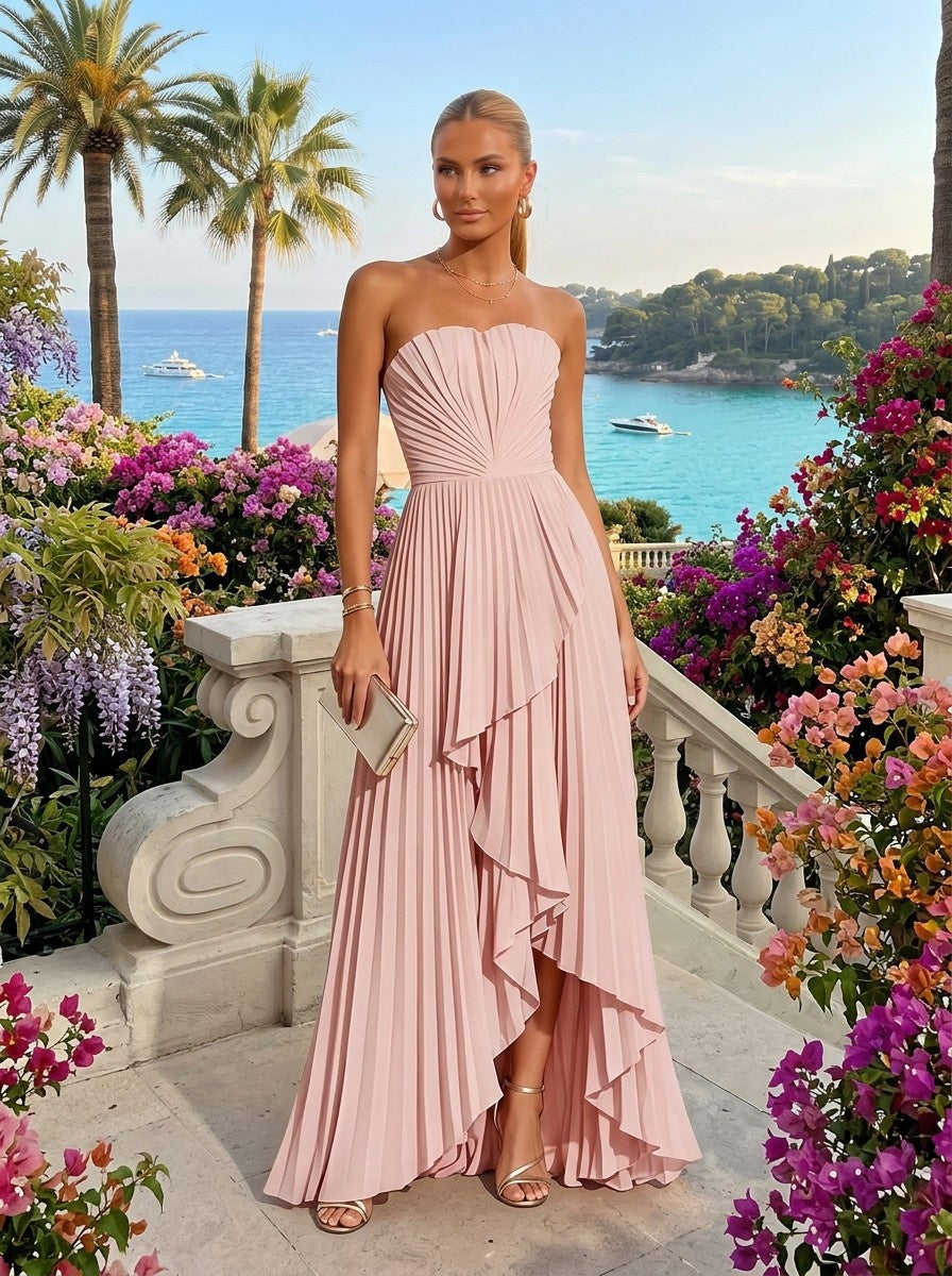 Chiffon High Low Strapless Pleated Formal Dresses