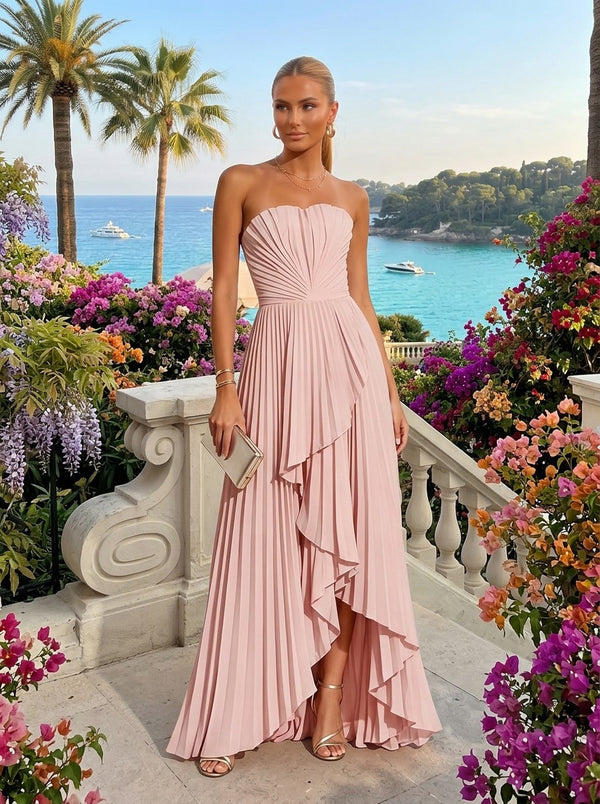 Chiffon High Low Strapless Pleated Formal Dresses