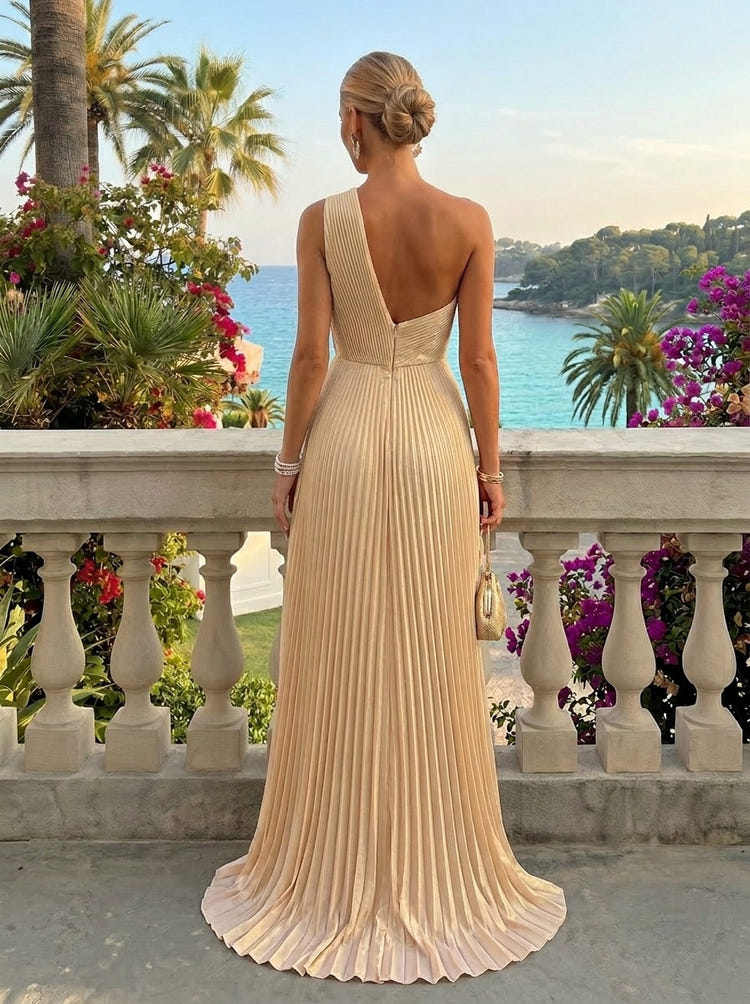 Chiffon High Low One Shoulder Pleated Formal Dresses