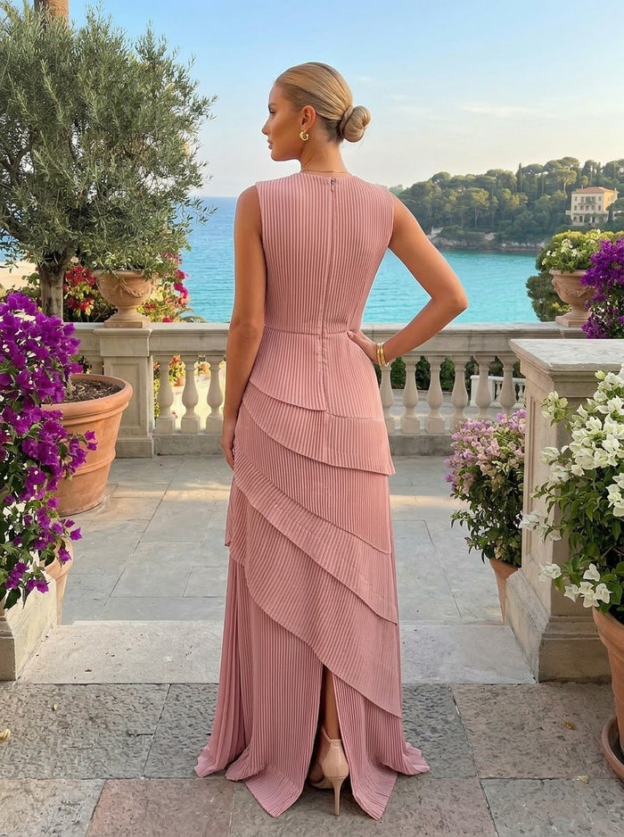 Chiffon A-Line Crew Neck Pleated Formal Dresses