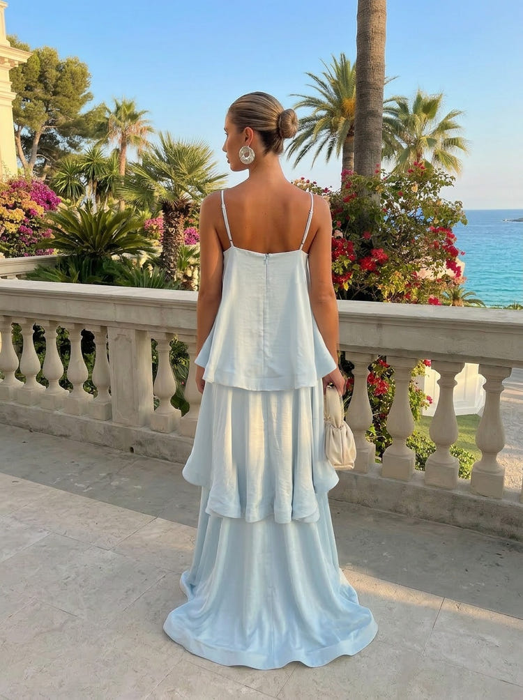Satin A-Line Spaghetti Straps Tiered Formal Dresses