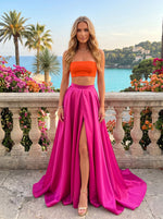 Satin A-Line Strapless Formal Dresses with Side Slit