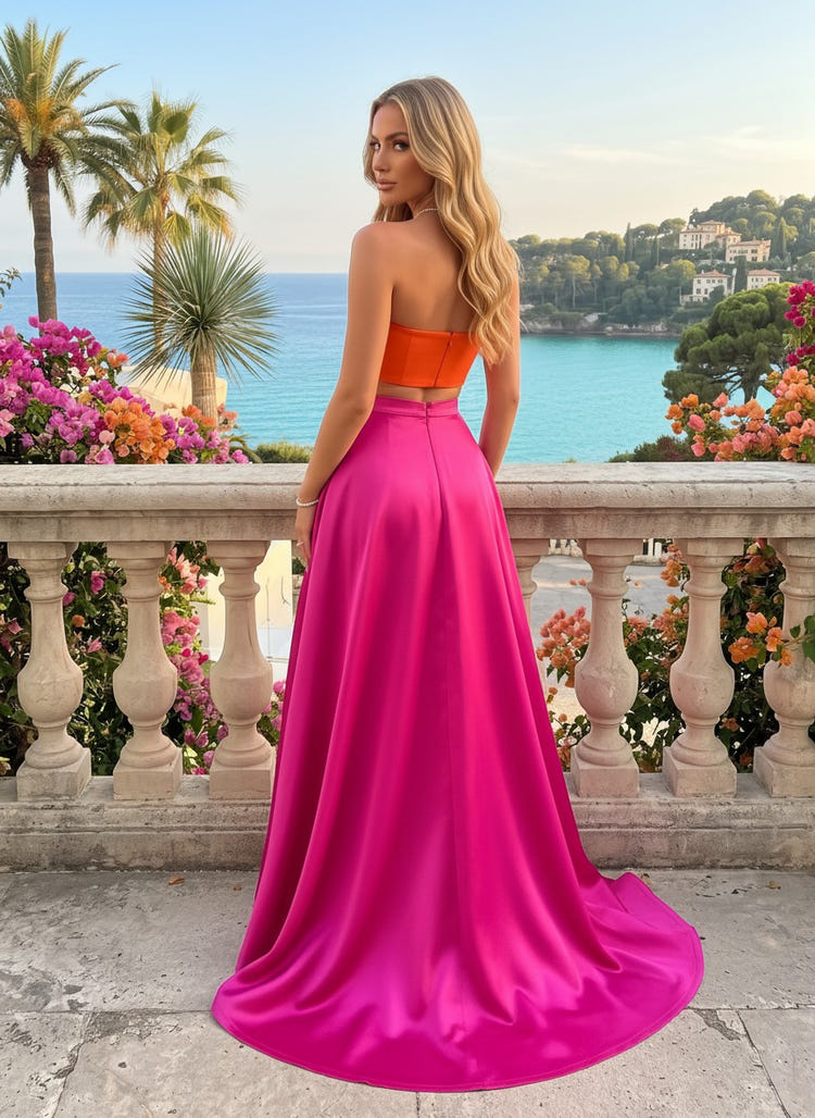 Satin A-Line Strapless Formal Dresses with Side Slit