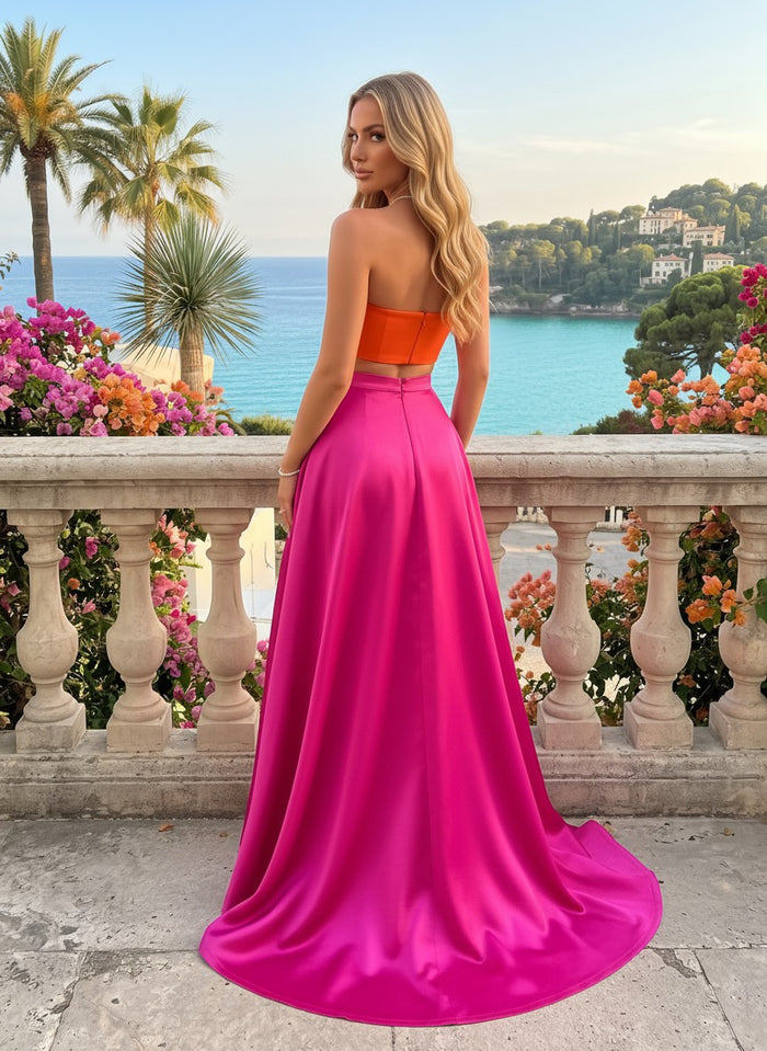 Satin A-Line Strapless Formal Dresses with Side Slit