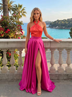Satin A-Line Halter Formal Dresses with Side Slit