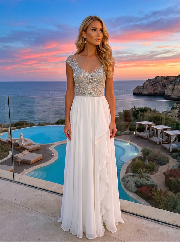 Chiffon A-Line Crew Neck Sequin Applique  Formal Dresses