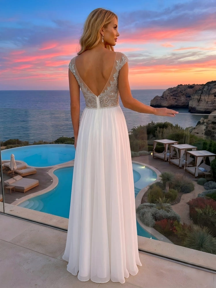 Chiffon A-Line Crew Neck Sequin Applique  Formal Dresses