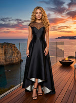 Satin High Low Crew Neck Sheer Mesh Neckline Formal Dresses