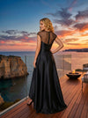 Satin High Low Crew Neck Sheer Mesh Neckline Formal Dresses