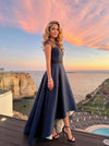 Satin High Low Crew Neck Sheer Mesh Neckline Formal Dresses