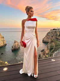 Satin Mermaid One Shoulder Formal Dresses with Side Slit