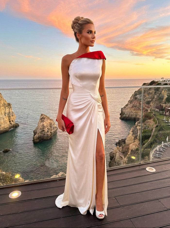 Satin Mermaid One Shoulder Formal Dresses with Side Slit