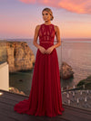 Chiffon Lace A-Line Crew Neck Long Evening Dresses