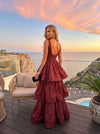 Jacquard A-Line V Neck Tiered Formal Dresses