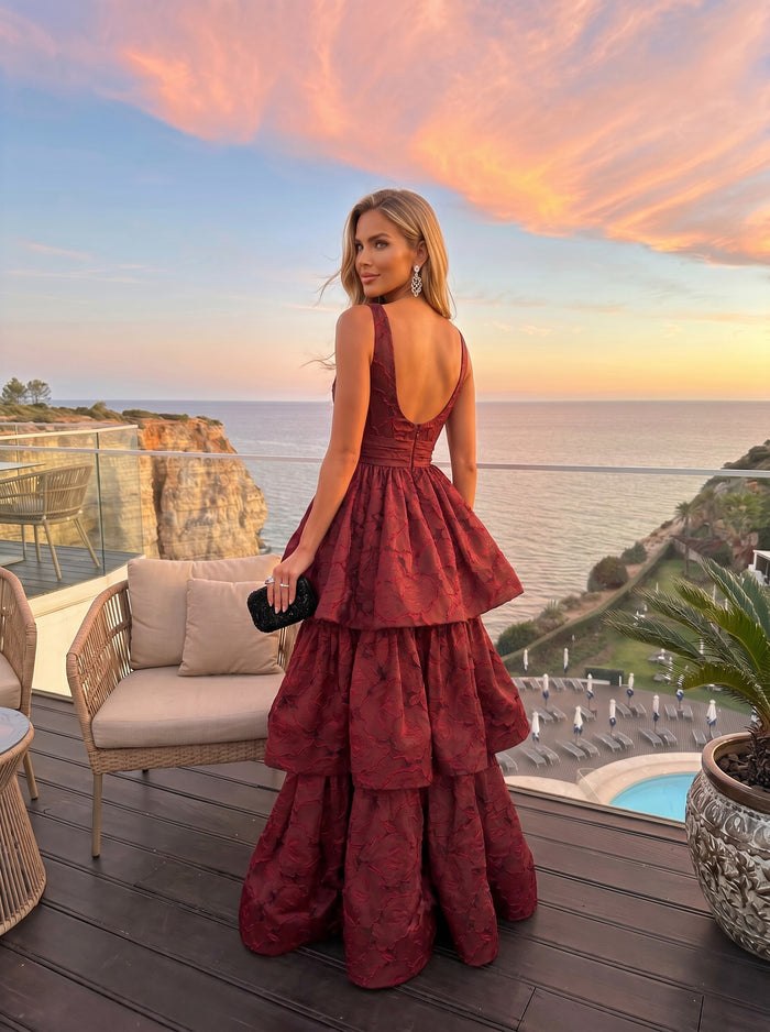 Jacquard A-Line V Neck Tiered Formal Dresses