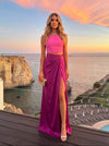 Satin A-Line Crew Neck Pleated Formal Dresses