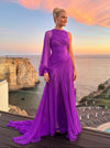 One Shoulder A-Line Chiffon Crew Neck Pleated Formal Dresses with Puffy Sleeves