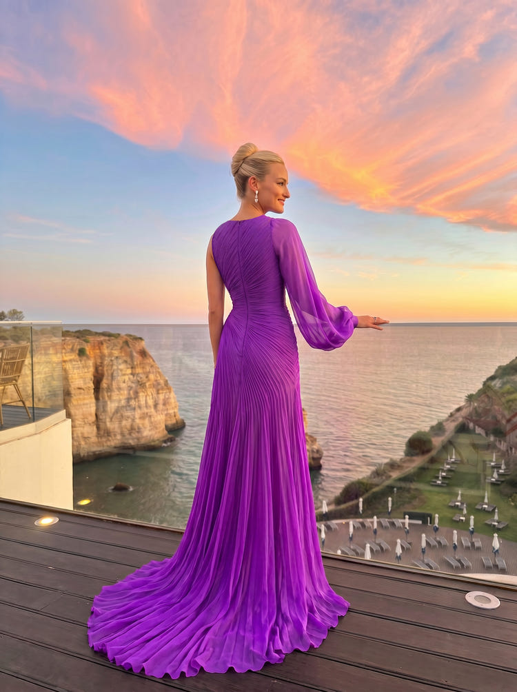One Shoulder A-Line Chiffon Crew Neck Pleated Formal Dresses with Puffy Sleeves