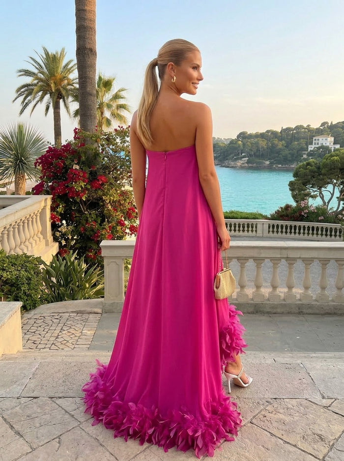 Strapless Chiffon Hi Low Formal Dresses with Feather