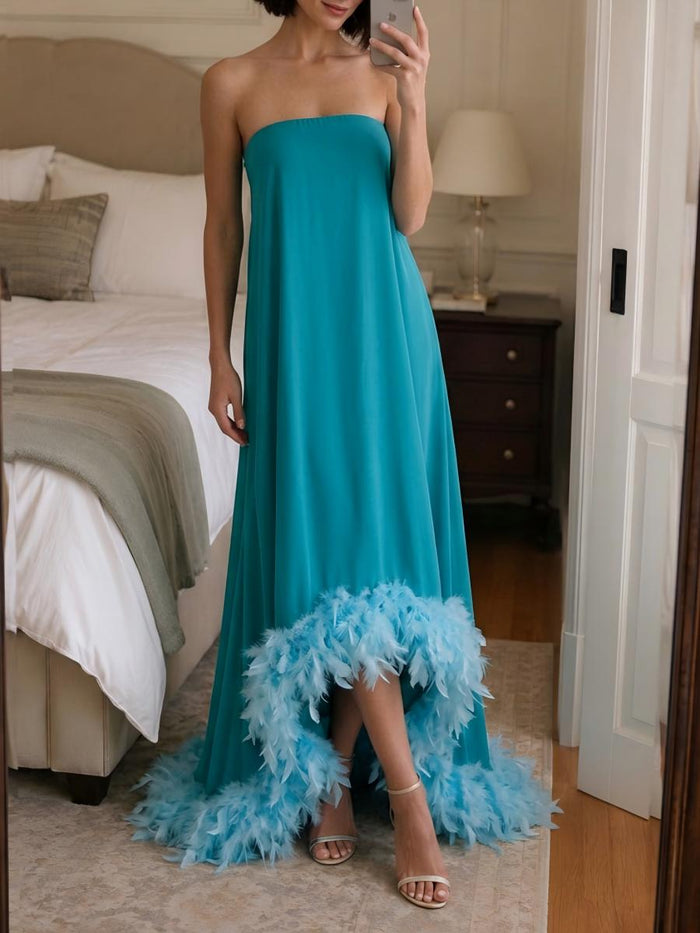 Strapless Chiffon Hi Low Formal Tent/ Trapeze /Tube Dresses with Feather