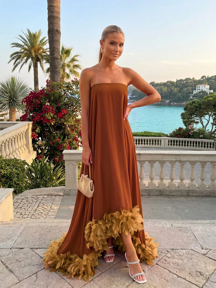 Strapless Chiffon Hi Low Formal Tent/ Trapeze /Tube Dresses with Feath – Gracins