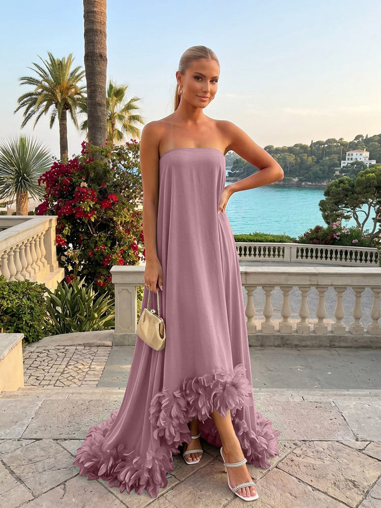 Strapless Chiffon Hi Low Formal Dresses with Feather