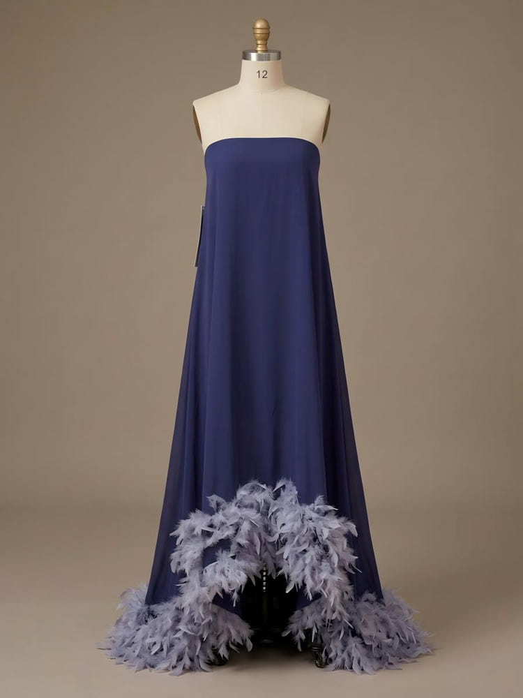 Strapless Chiffon Hi Low Formal Tent/ Trapeze /Tube Dresses with Feather